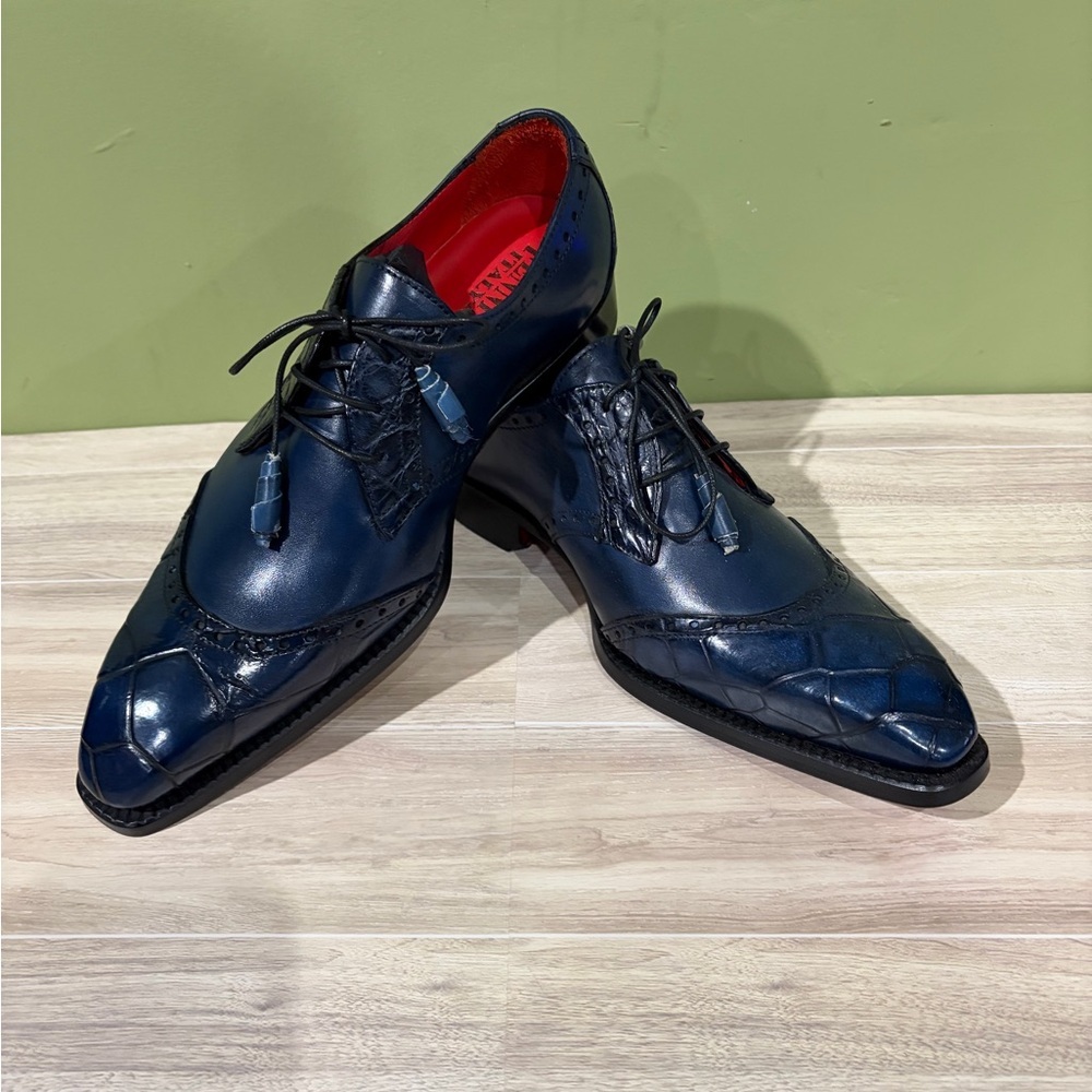 Fennix Italy Elegant dress shoes Navy Leather calf/gator Oxfords